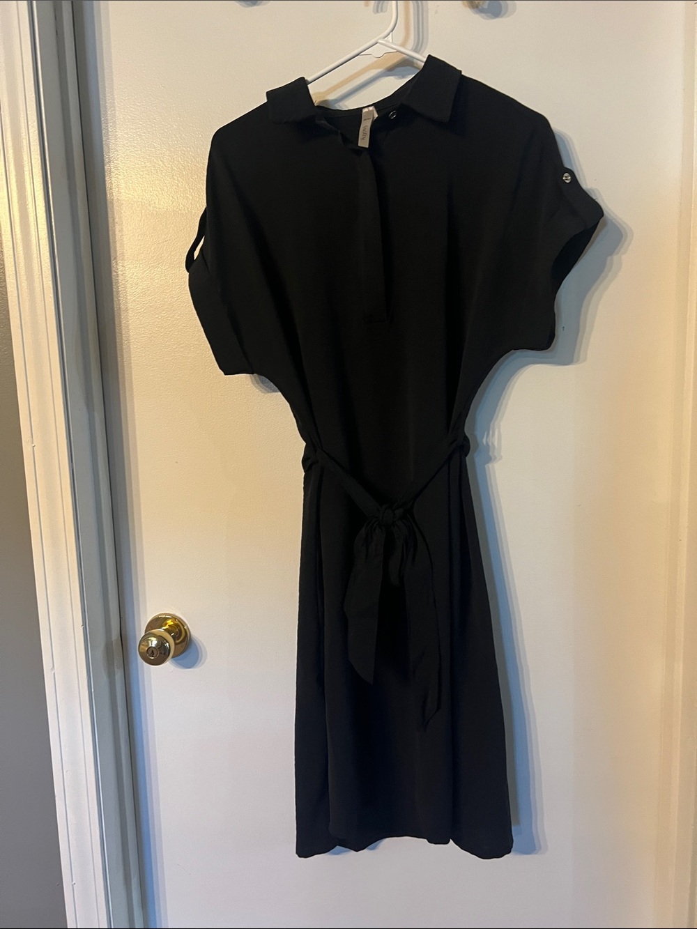 Classic Black Midi Shirt Dress with Tie Waist